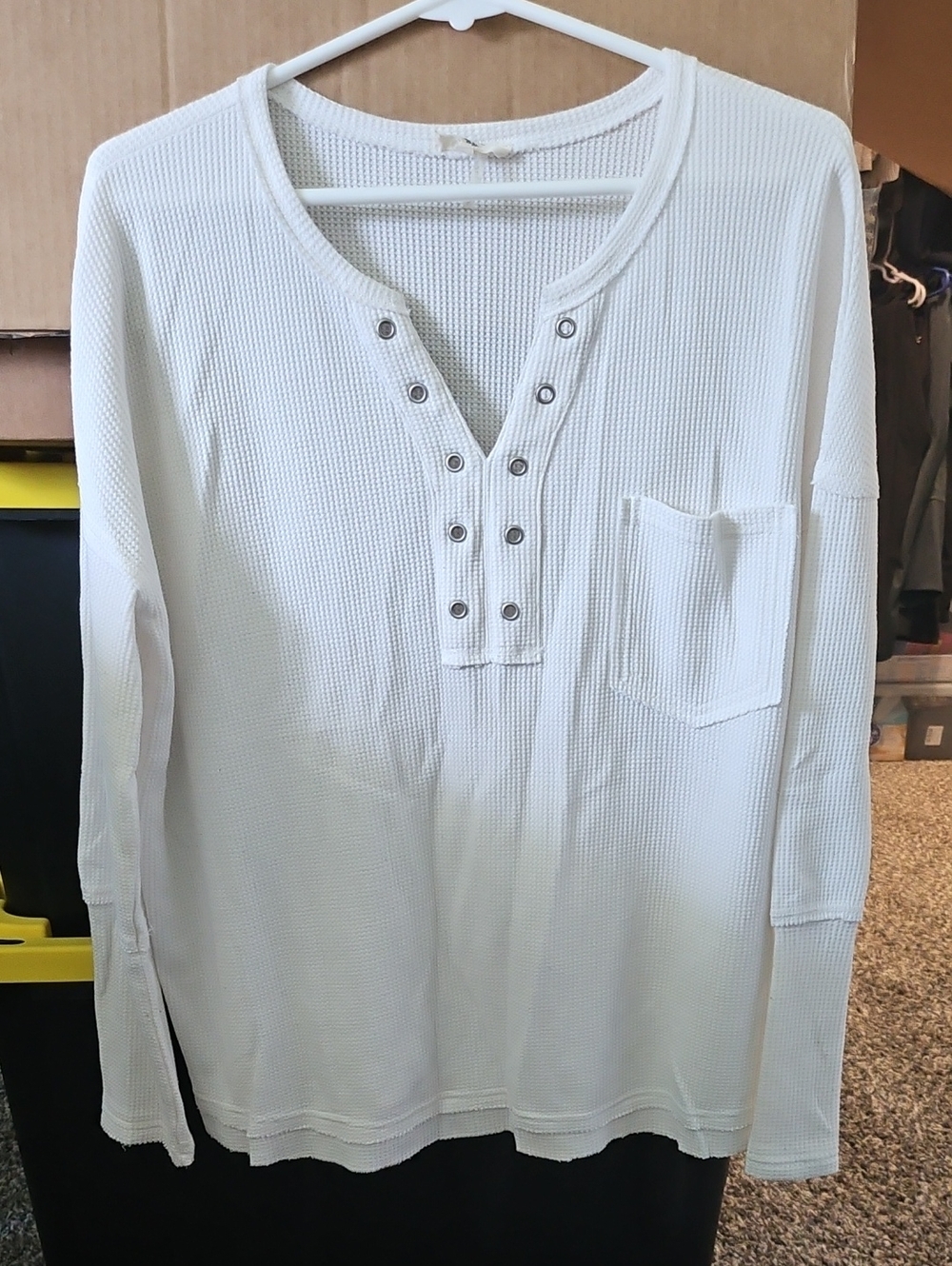 Women's White Waffle Henley Long-Sleeve Shirt with Pocket